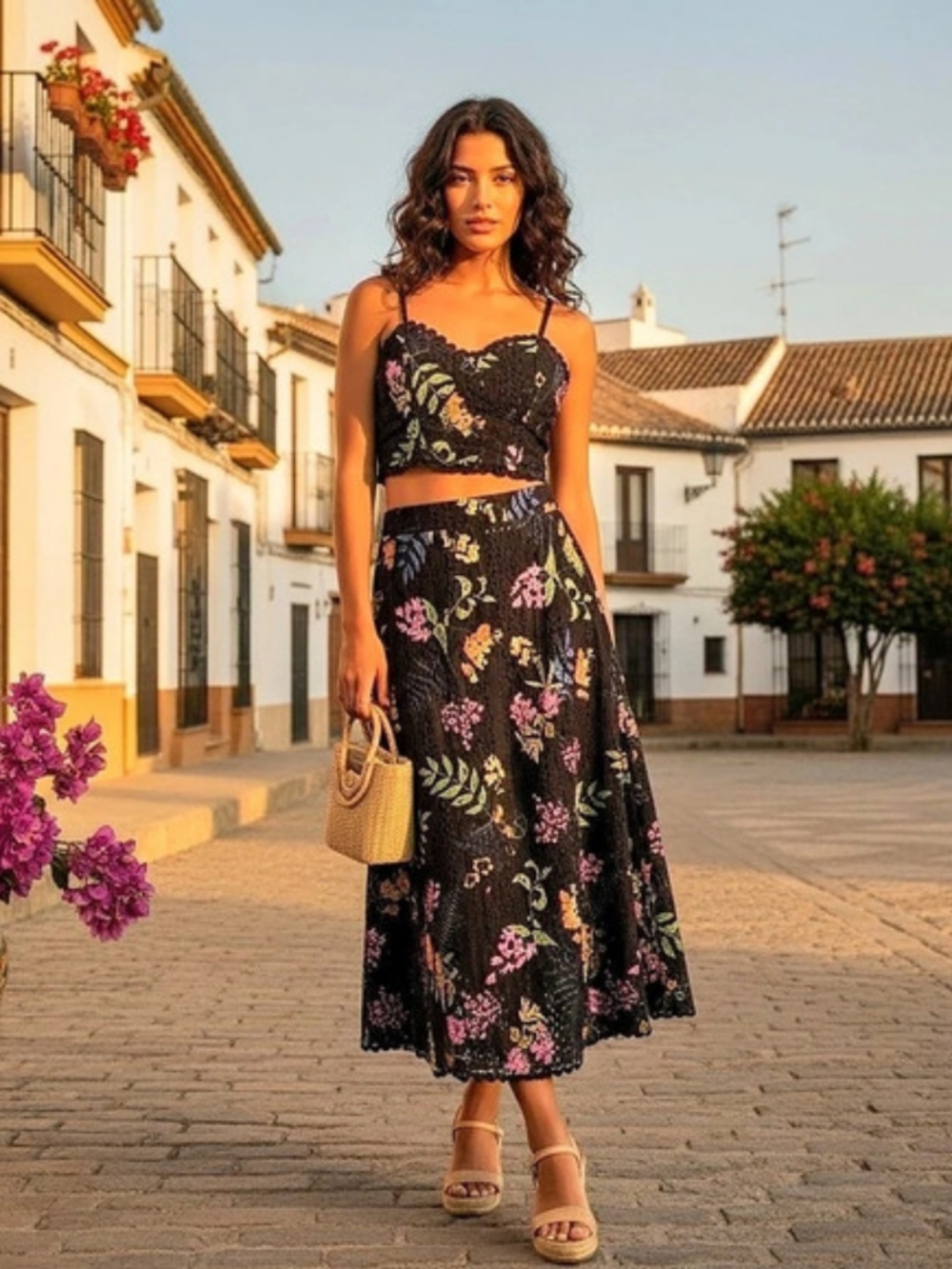 Lulus Floral Black Midi Skirt Set Sz M